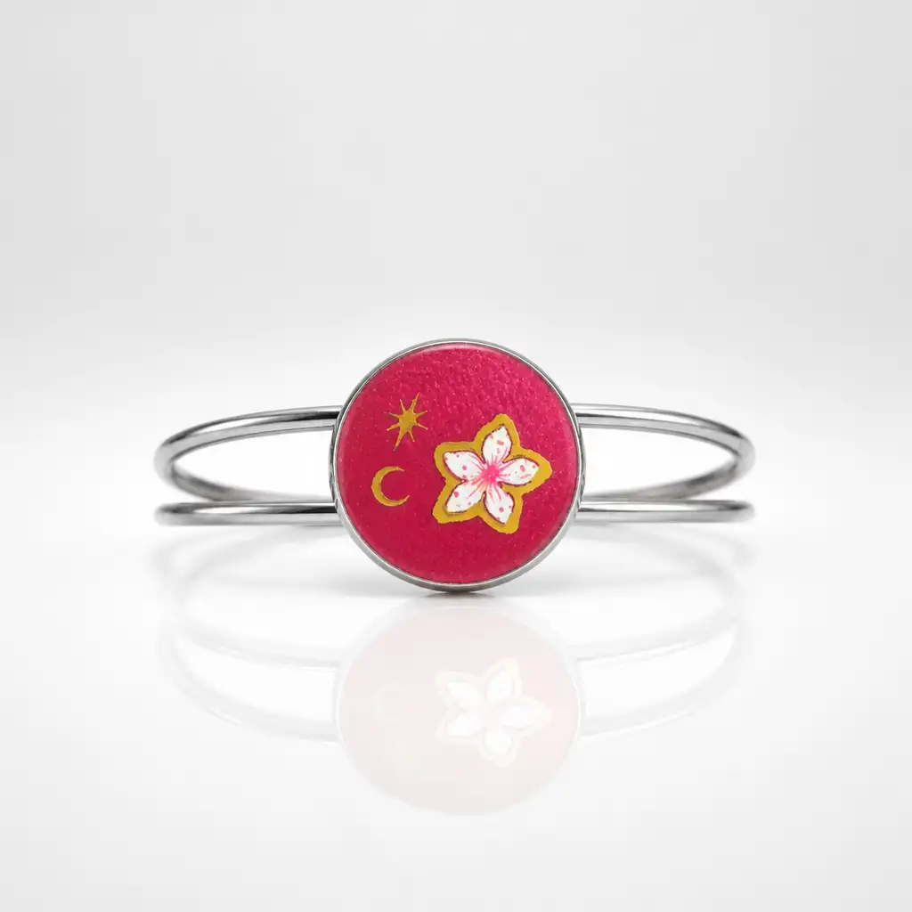 Bracelet artisanal en acier inoxydable et résine rouge framboise