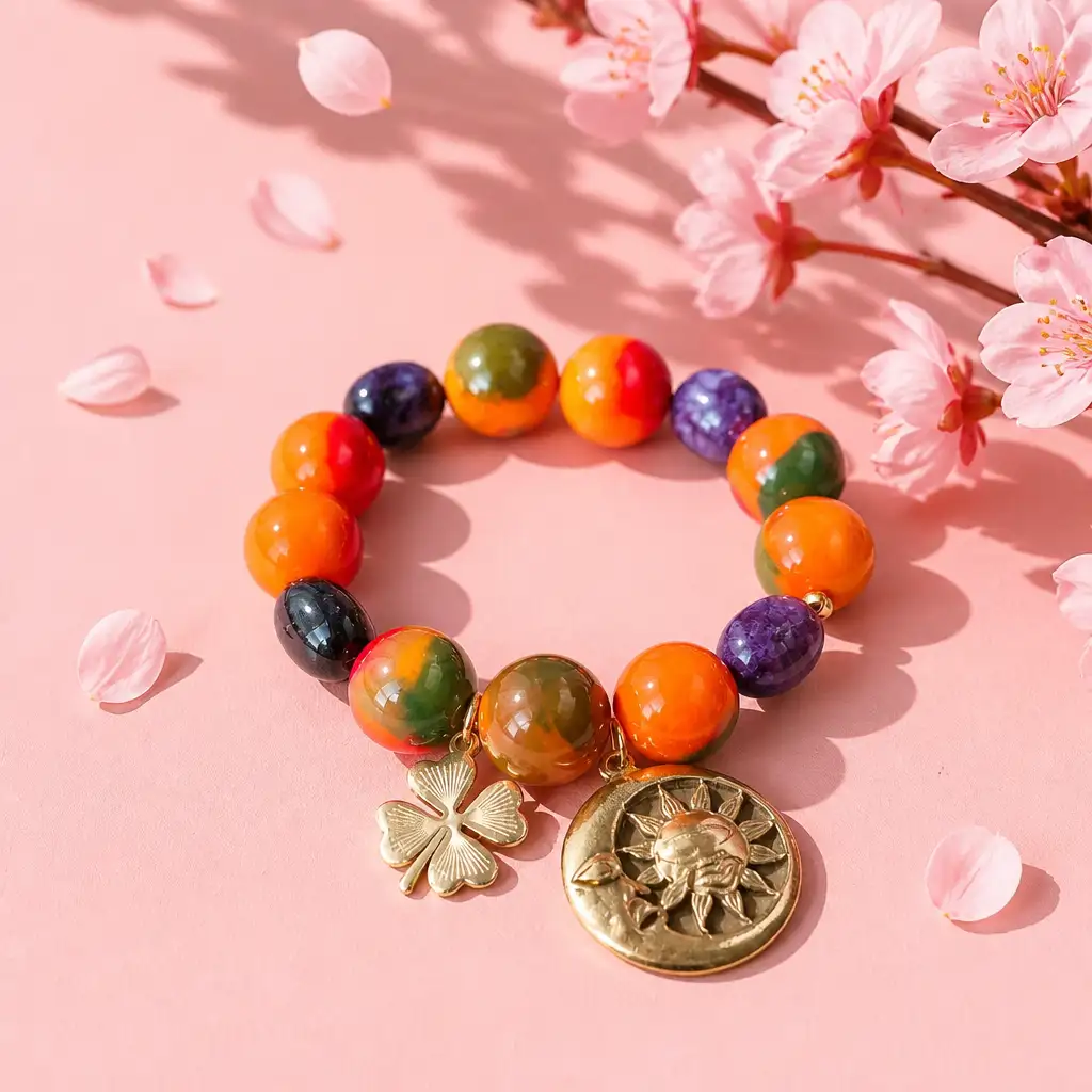 Bracelet en perles naturelles multicolores et acier inoxydable