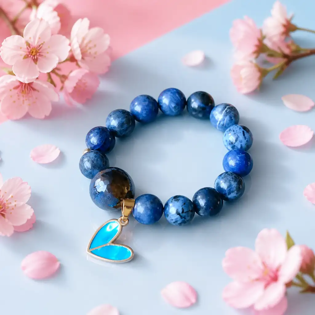 Bracelet en perles naturelles bleues avec cœur nacré