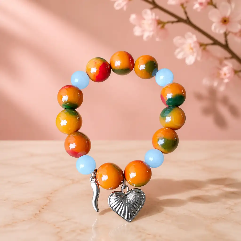 Bracelet en perles naturelles multicolores avec cœur strié et corne italienne