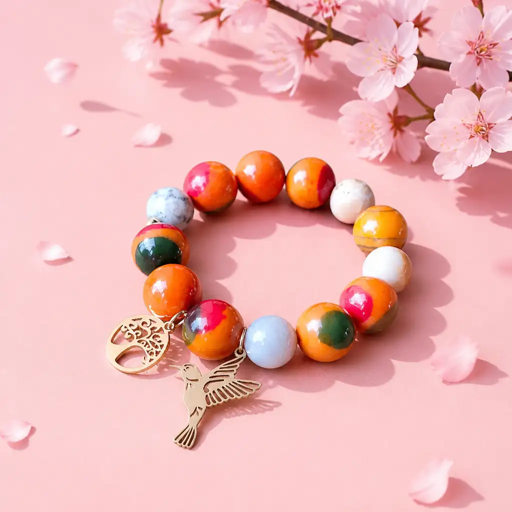 Bracelet artisanal en perles naturelles avec Arbre de Vie et Colibri