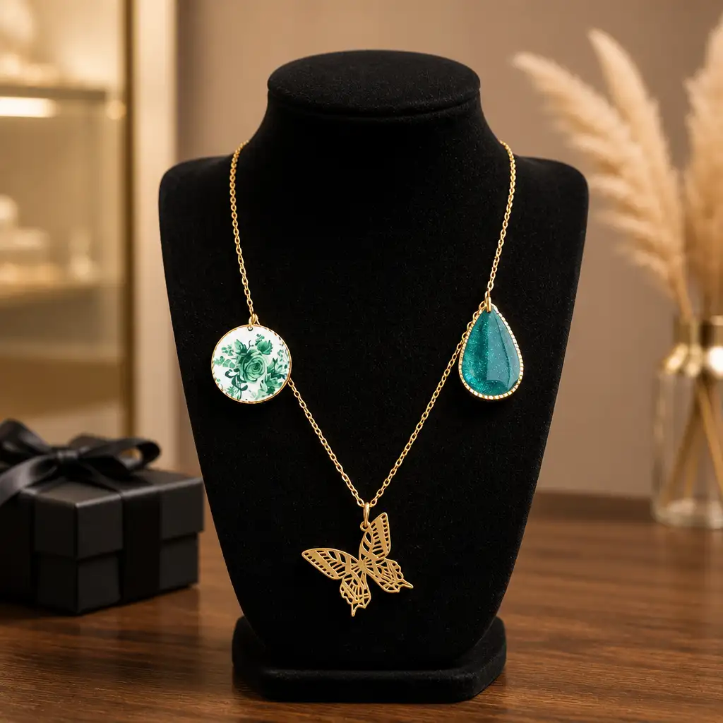 Collier Artisanal Femme Acier Inoxydable Doré, Résine Verte et Motif Végétal - Pièce Unique