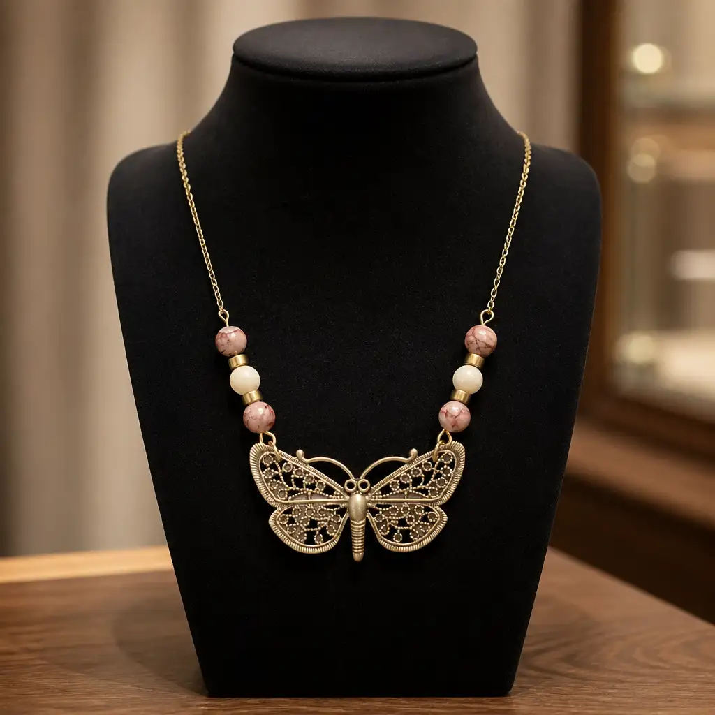 Collier Papillon Femme en Acier Inoxydable Doré avec Pierres Naturelles et Hématite Dorée - Modèle Unique Artisanal
