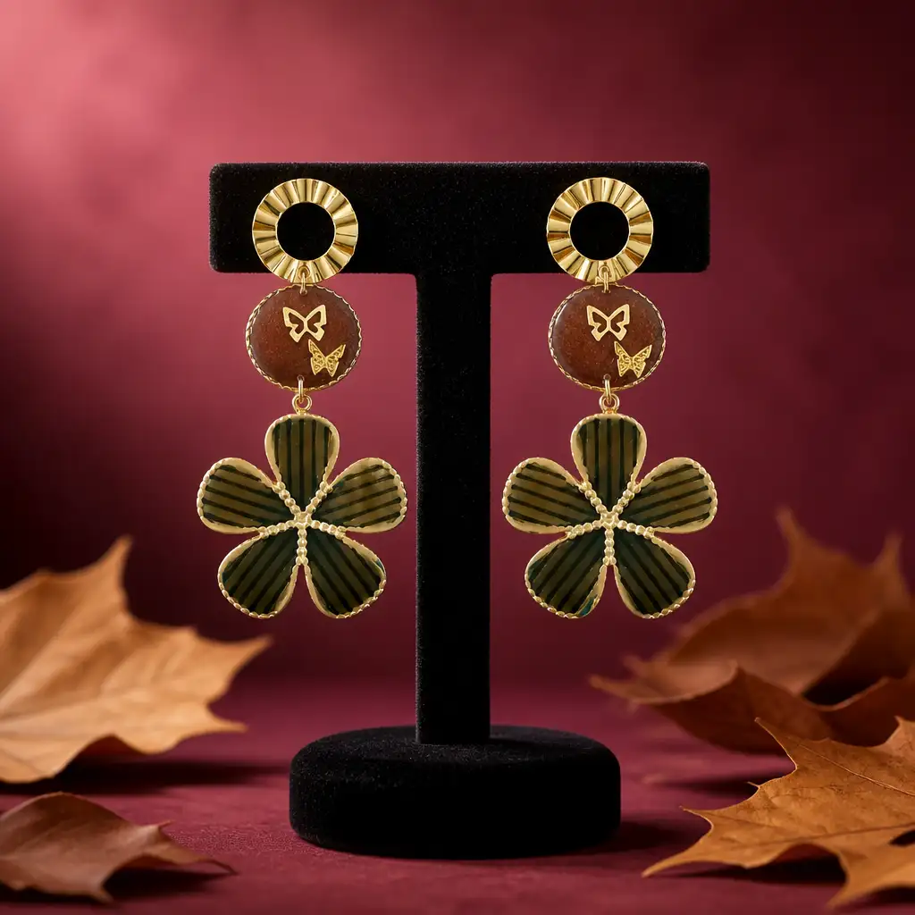 Boucles d'oreilles fleur émaillée et papillons dorés en acier inoxydable
