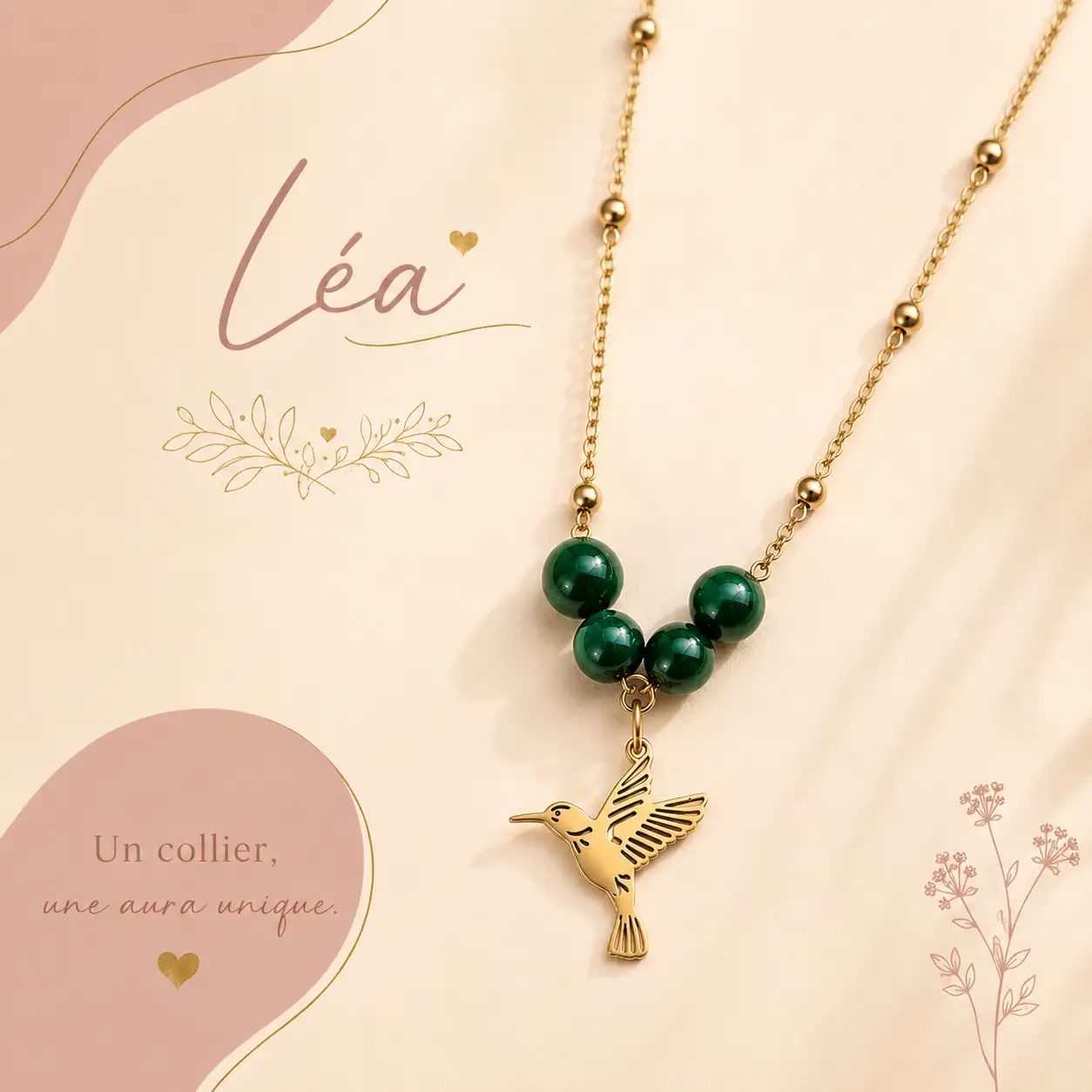 Collier Léa en acier inoxydable et perles œil de chat vertes – Modèle unique