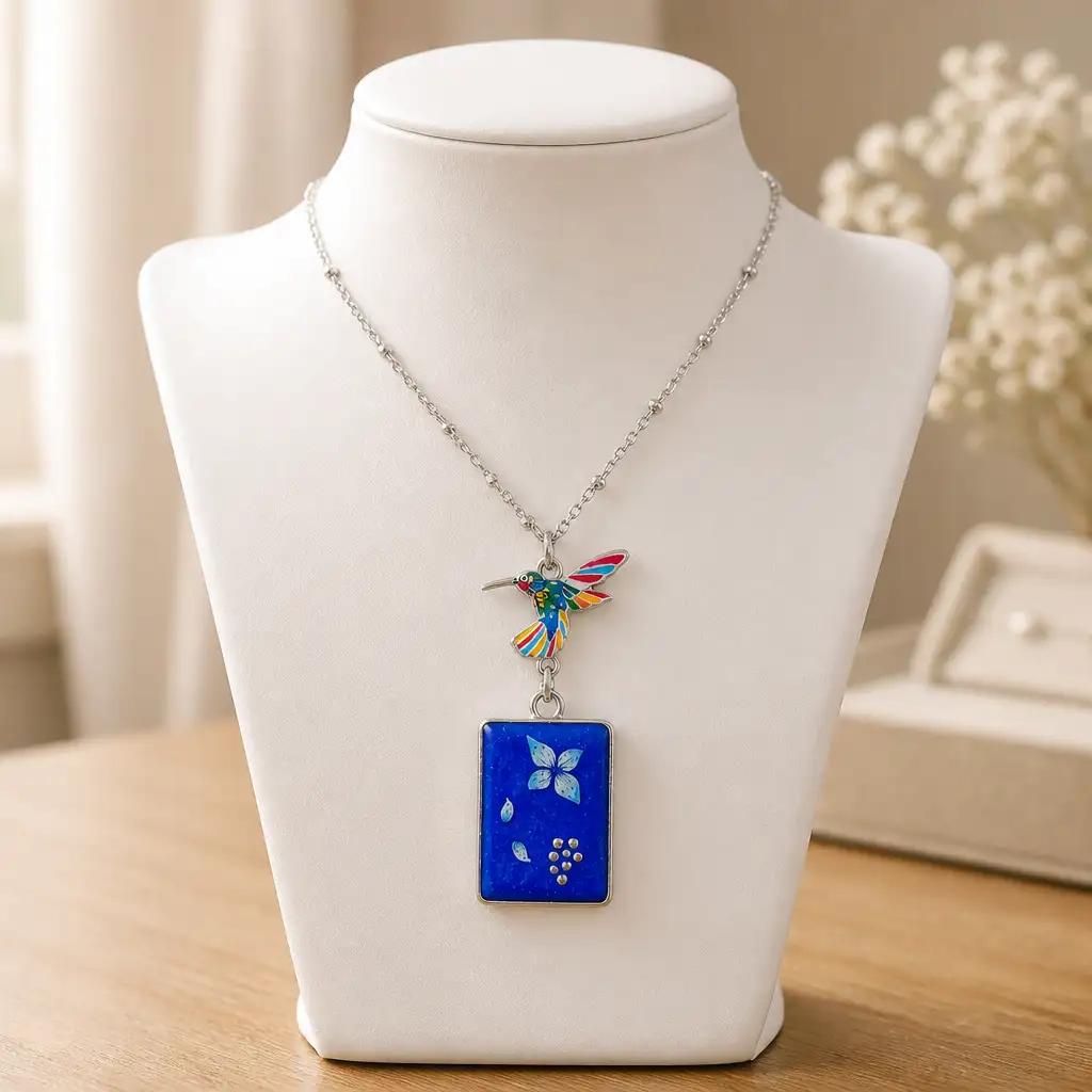 Collier Anna | Collier artisanal en acier inoxydable argenté avec colibri et pendentif en résine | Modèle unique