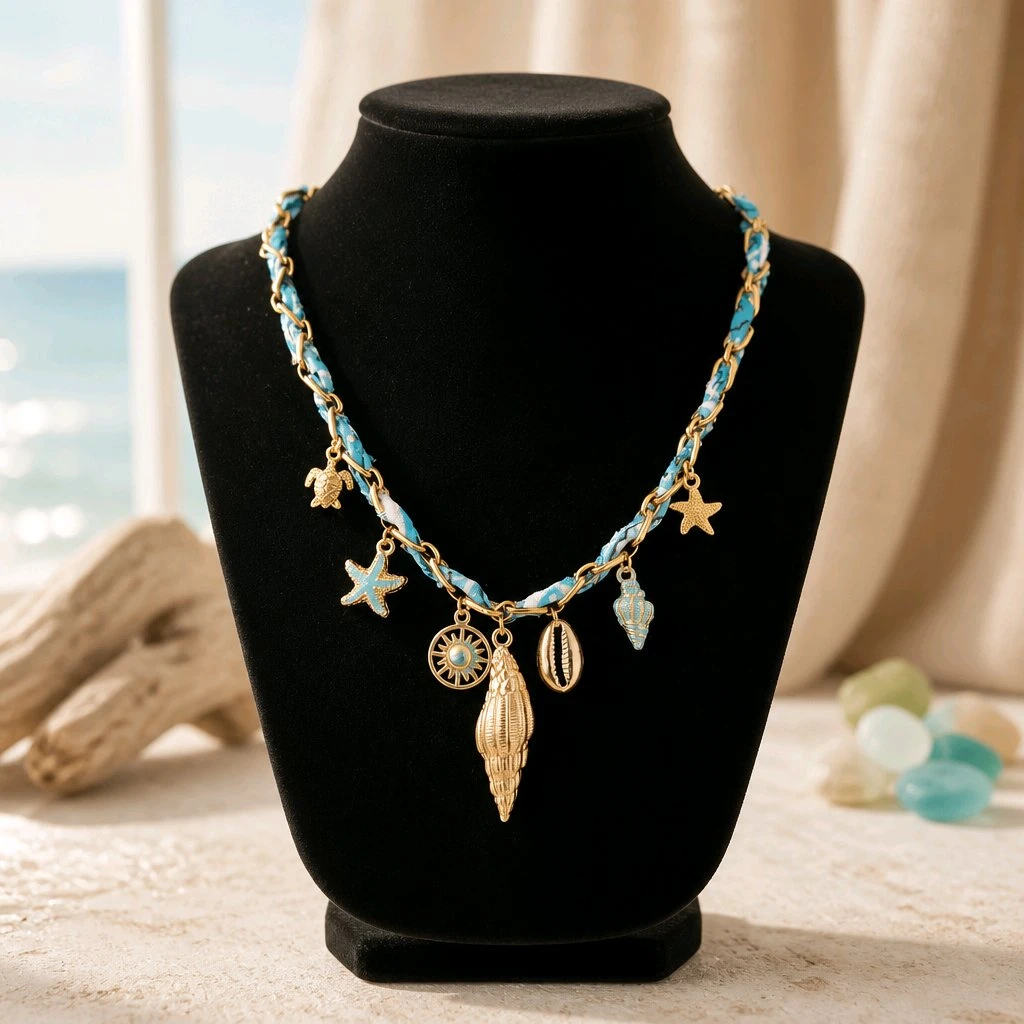 Collier marin bohème en acier inoxydable doré et foulard bleu | Modèle unique