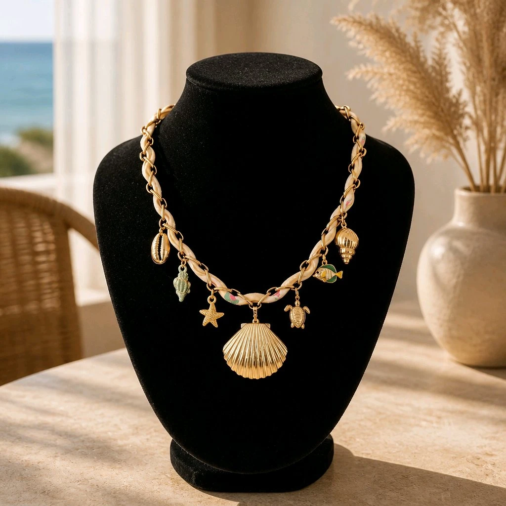 Collier marin bohème en acier inoxydable doré, tissu Liberty jaune et charms océaniques | Modèle unique