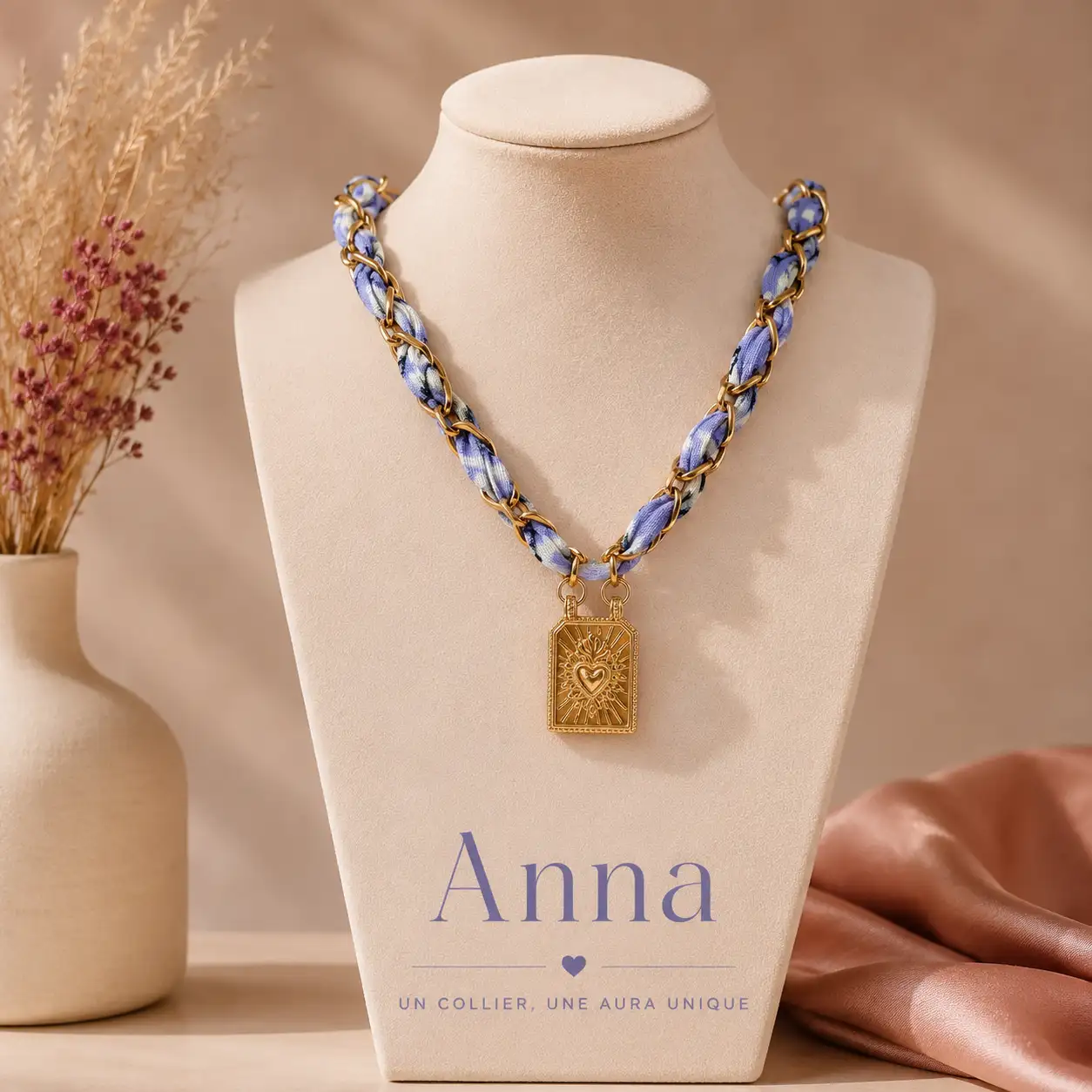 Collier Anna – Collier femme en acier inoxydable et tissu lilas | Modèle unique